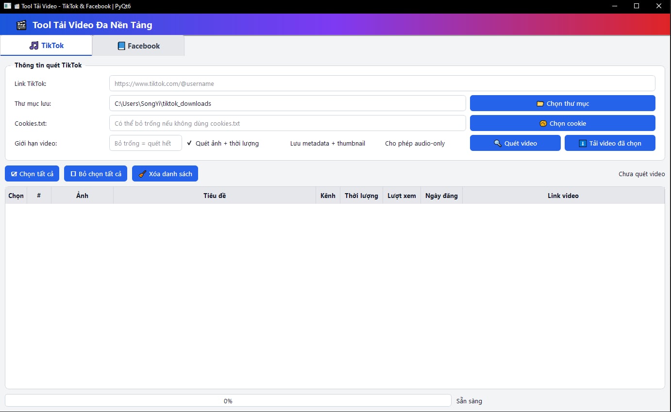 Tool Tải Video TikTok/Facebook Hàng Loạt – Nhanh, Gọn, Dễ Dùng